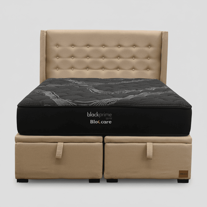 Cama Baul King + Colchon Black Prime - Modelo Uno + Respaldo / Con Patas (Beige) 2