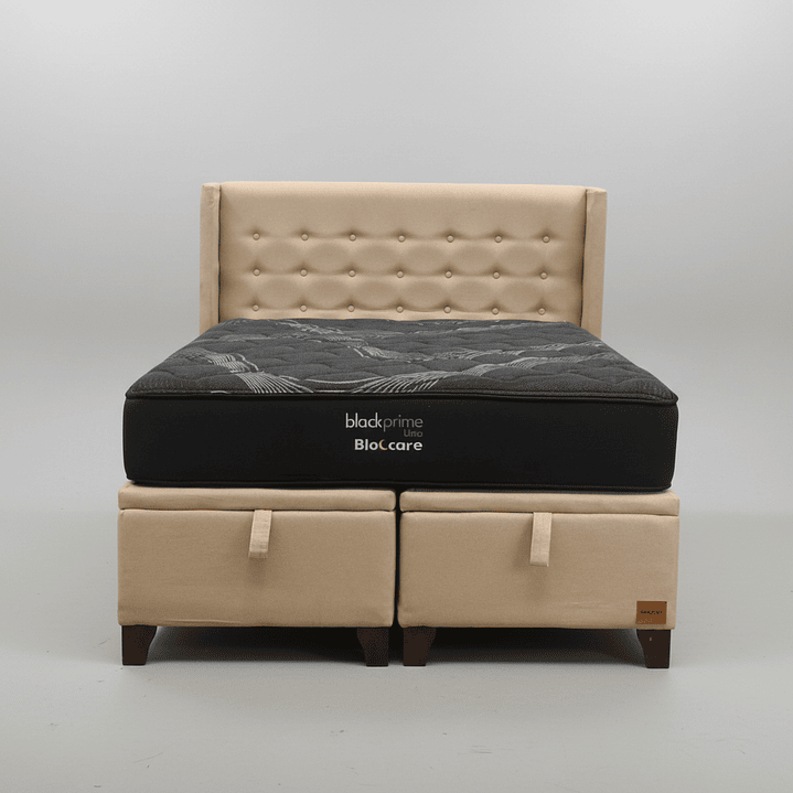 Cama Baul King + Colchon Black Prime - Modelo Uno + Respaldo / Con Patas (Beige) 5