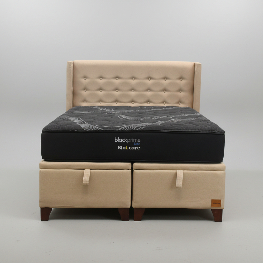 Cama Baul Super King + Colchon Black Prime - Modelo Uno + Respaldo / Con Patas (Beige) 5