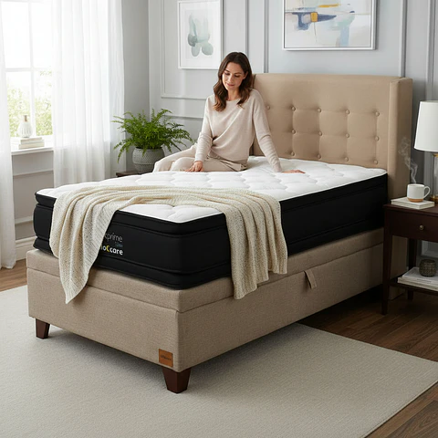 Cama Baul 1.5 Plaza + Colchon Black Prime - Modelo Dos + Respaldo / Con Patas (Beige)