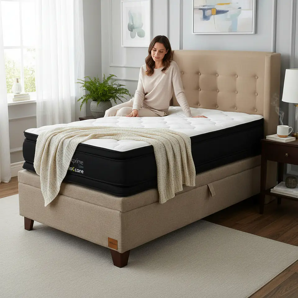 Cama Baul 1.5 Plaza + Colchon Black Prime - Modelo Dos + Respaldo / Con Patas (Beige) 1