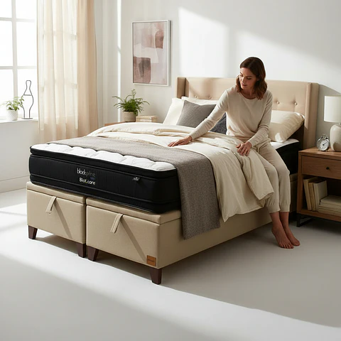 Cama Baul 2 Plazas + Colchon Black Prime - Modelo Dos + Respaldo / Con Patas (Beige)
