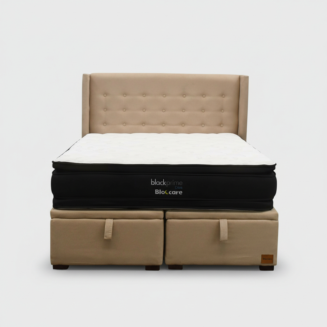 Cama Baul 2 Plazas + Colchon Black Prime - Modelo Dos + Respaldo / Con Patas (Beige) 2