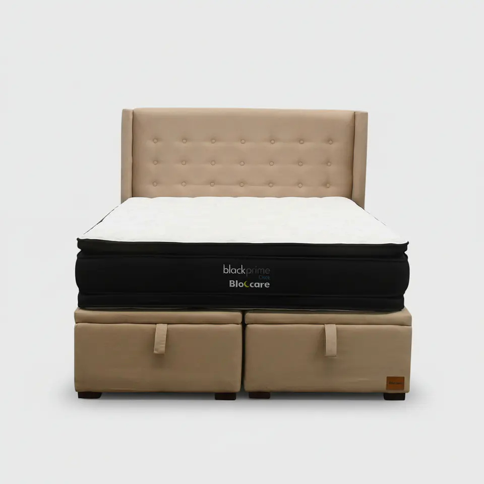 Cama Baul 2 Plazas + Colchon Black Prime - Modelo Dos + Respaldo / Con Patas (Beige) 2