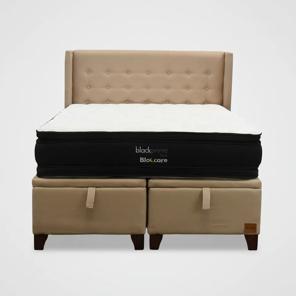 Cama Baul 2 Plazas + Colchon Black Prime - Modelo Dos + Respaldo / Con Patas (Beige) 5