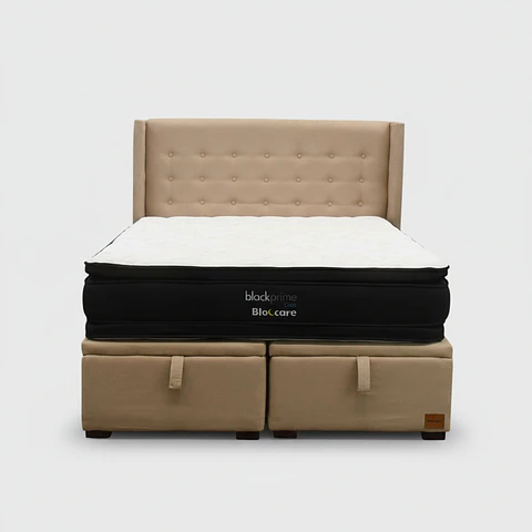 Cama Baul King + Colchon Black Prime - Modelo Dos + Respaldo / Con Patas (Beige)