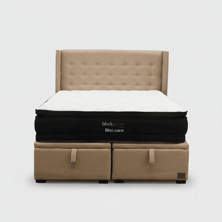 Cama Baul King + Colchon Black Prime - Modelo Dos + Respaldo / Con Patas (Beige) 2