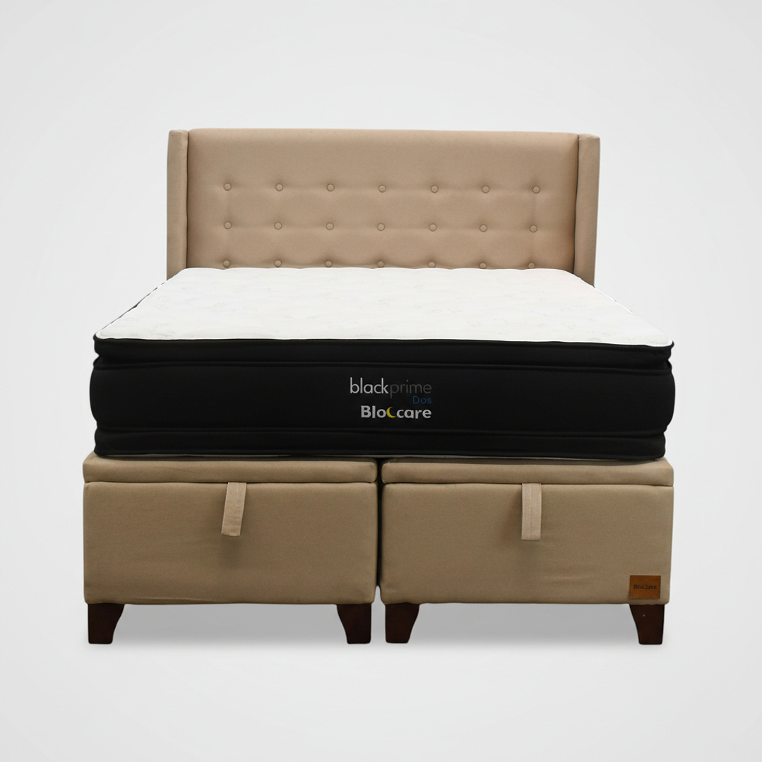 Cama Baul King + Colchon Black Prime - Modelo Dos + Respaldo / Con Patas (Beige) 5