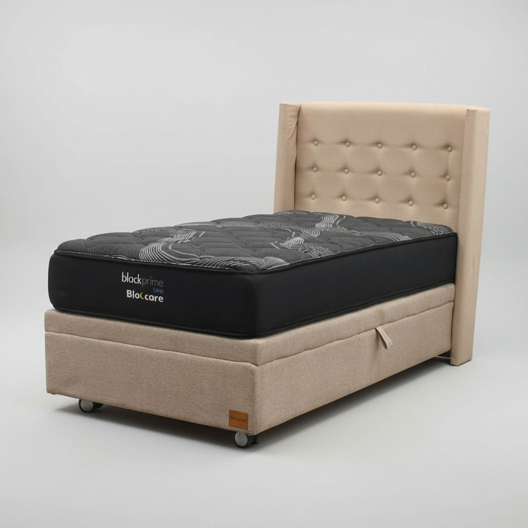 Cama Baul 1 Plaza + Colchon Black Prime - Modelo Uno + Respaldo / Ruedas A Eleccion (Beige) 2