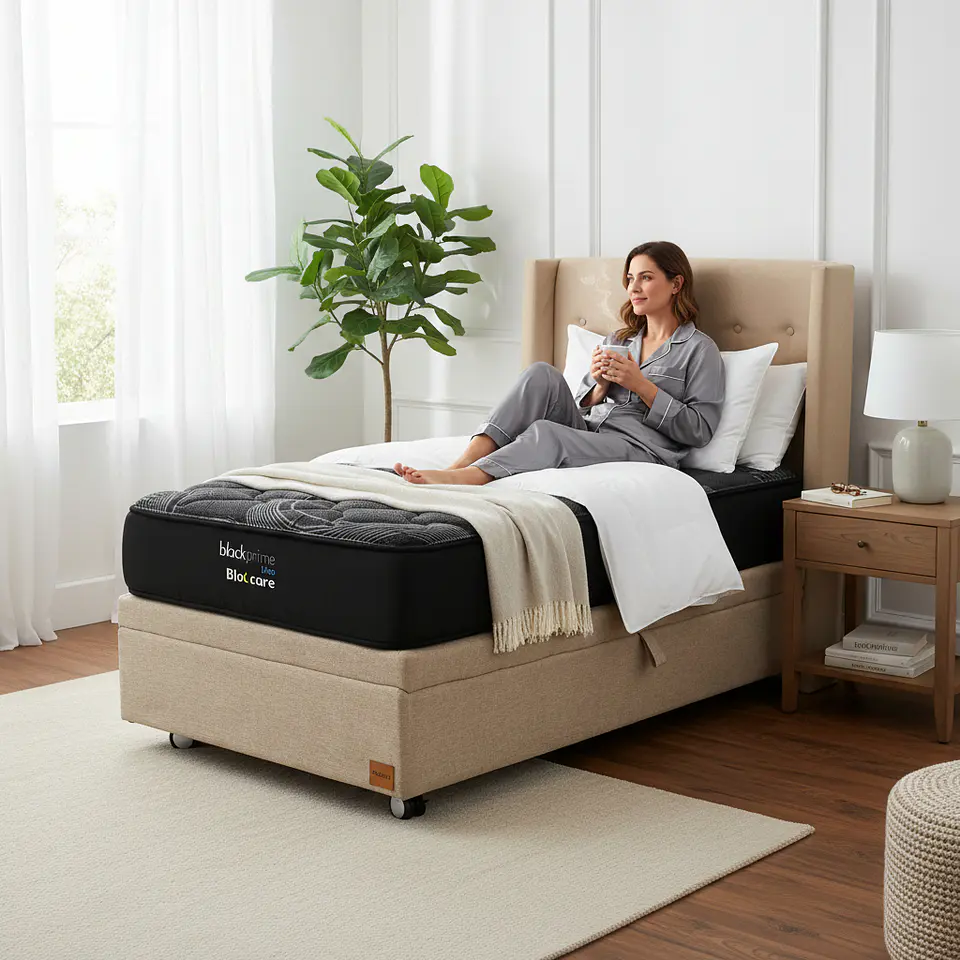 Cama Baul 1 Plaza + Colchon Black Prime - Modelo Uno + Respaldo / Ruedas A Eleccion (Beige) 1