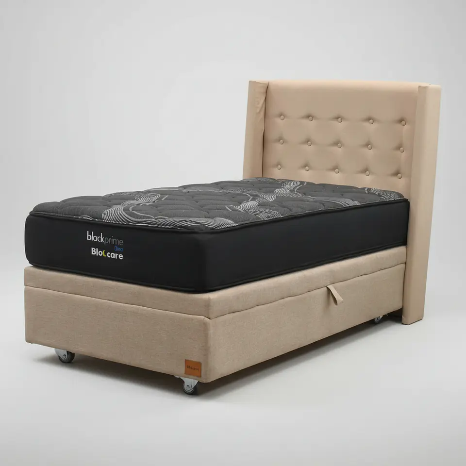 Cama Baul 1 Plaza + Colchon Black Prime - Modelo Uno + Respaldo / Ruedas A Eleccion (Beige) 8