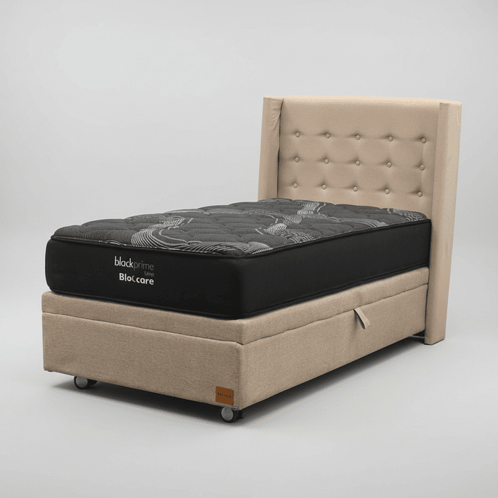 Cama Baul 1.5 Plaza + Colchon Black Prime - Modelo Uno + Respaldo / Ruedas A Eleccion (Beige) 2