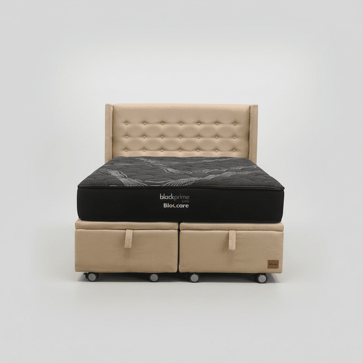 Cama Baul 2 Plazas + Colchon Black Prime - Modelo Uno + Respaldo / Ruedas A Eleccion (Beige) 2
