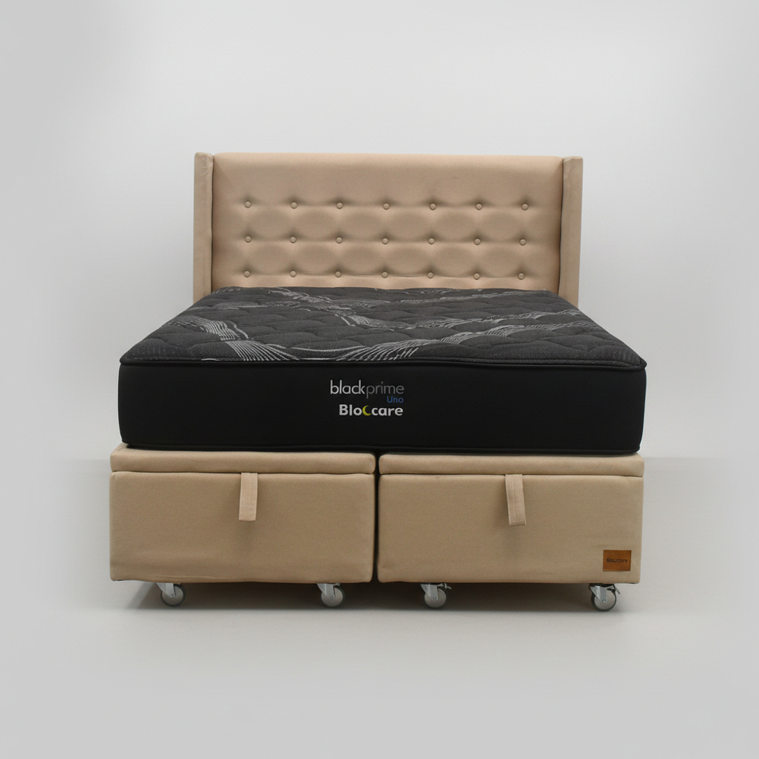 Cama Baul 2 Plazas + Colchon Black Prime - Modelo Uno + Respaldo / Ruedas A Eleccion (Beige) 8
