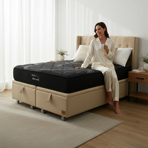 Cama Baul King + Colchon Black Prime - Modelo Uno + Respaldo / Ruedas A Eleccion (Beige)