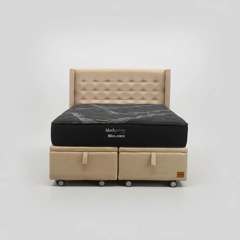 Cama Baul King + Colchon Black Prime - Modelo Uno + Respaldo / Ruedas A Eleccion (Beige)