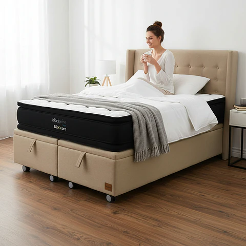 Cama Baul King + Colchon Black Prime - Modelo Dos + Respaldo / Ruedas A Eleccion (Beige)