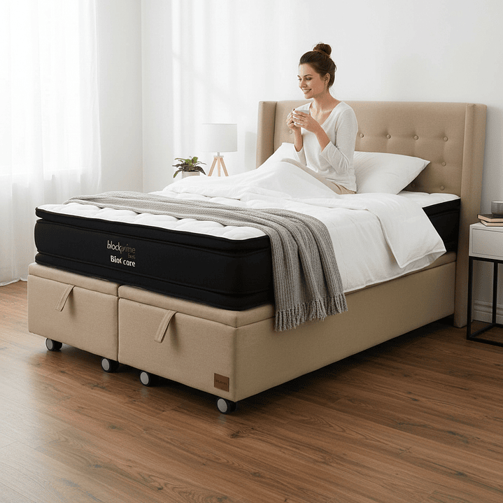 Cama Baul King + Colchon Black Prime - Modelo Dos + Respaldo / Ruedas A Eleccion (Beige) 1