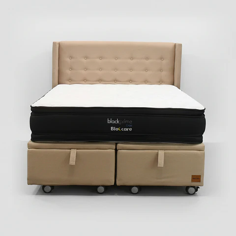 Cama Baul King + Colchon Black Prime - Modelo Dos + Respaldo / Ruedas A Eleccion (Beige)
