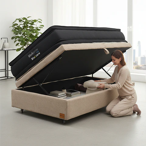 Cama Baul 1.5 Plaza + Colchon Black Prime - Modelo Dos / Ruedas A Eleccion (Beige)