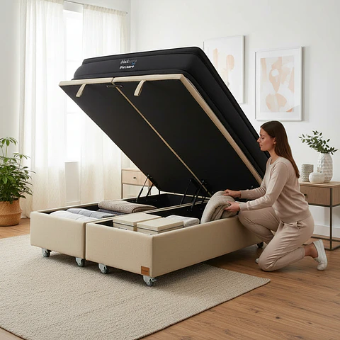 Cama Baul 2 Plaza + Colchon Black Prime - Modelo Dos / Ruedas A Eleccion (Beige)