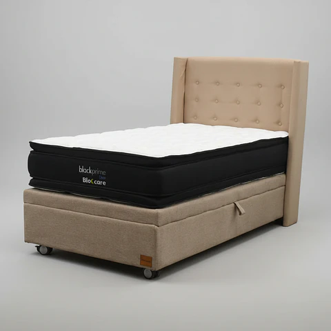 Cama Baul 1.5 Plaza + Colchon Black Prime - Modelo Dos + Respaldo / Ruedas A Eleccion (Beige)