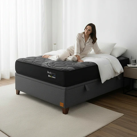 Cama Baul 1.5 Plaza + Colchon Black Prime - Modelo Uno / Con Patas De Madera (Gris)