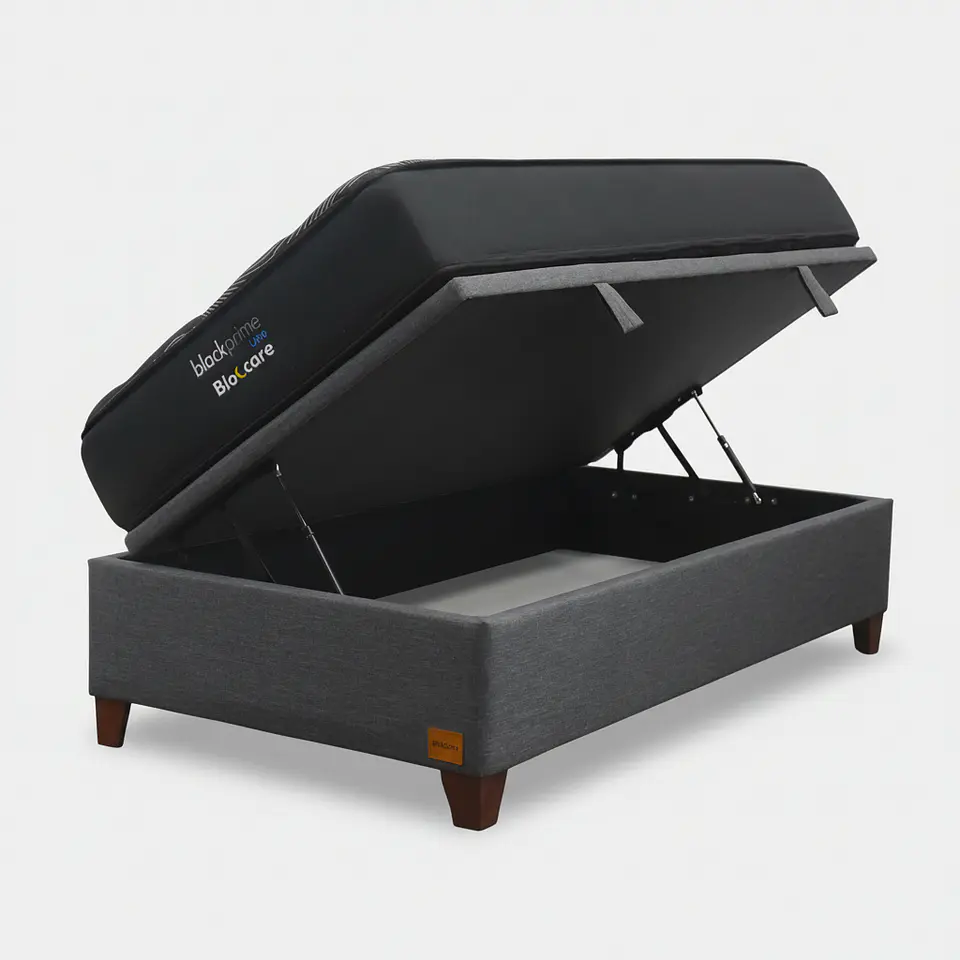 Cama Baul 1.5 Plaza + Colchon Black Prime - Modelo Uno / Con Patas De Madera (Gris) 5