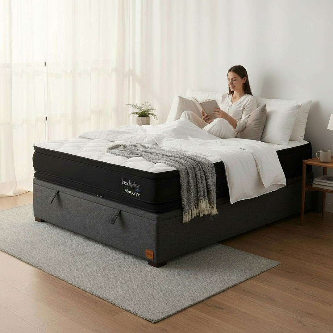 Cama Baul 1.5 Plaza + Colchon Black Prime - Modelo Dos / Con Patas De Madera  1
