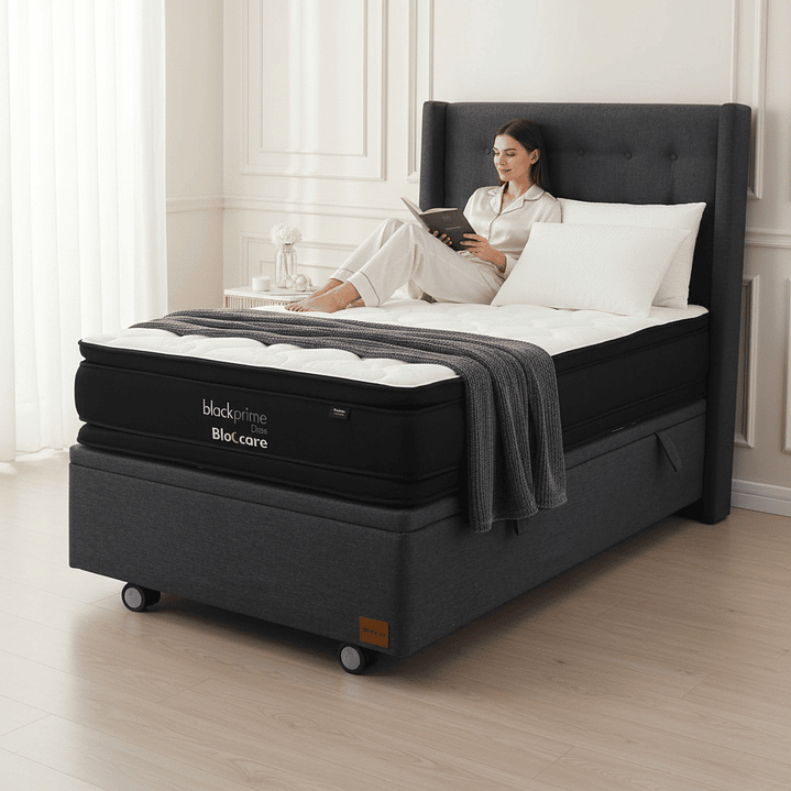 Cama Baul 1.5 Plaza + Colchon Black Prime - Modelo Dos + Respaldo / Ruedas A Eleccion (Gris) 1