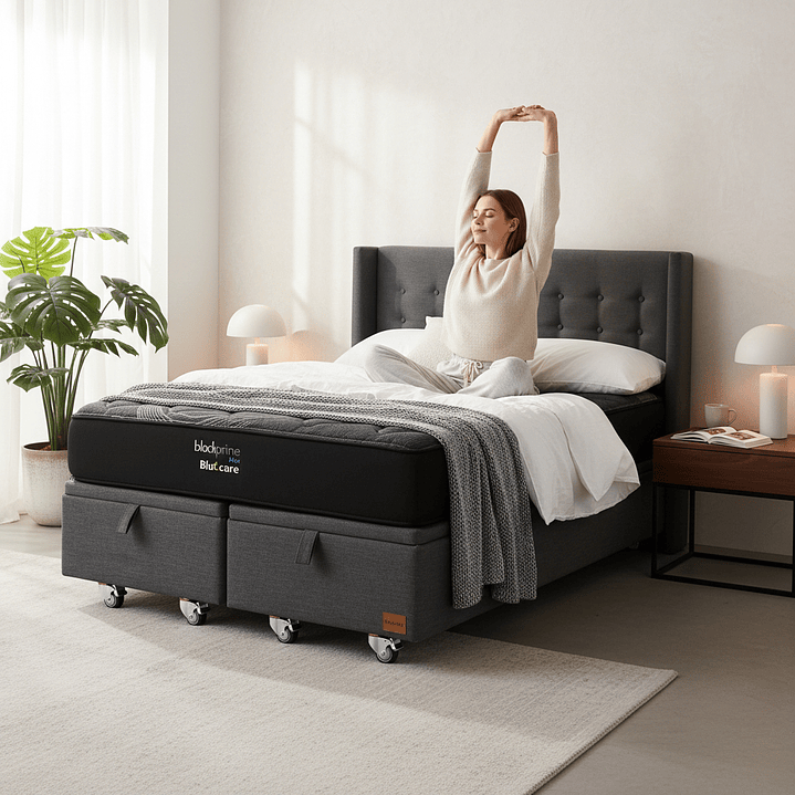 Cama Baul 2 Plazas + Colchon Black Prime - Modelo Uno + Respaldo  / Ruedas A Eleccion (Gris) 1