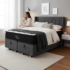 Cama Baul Super King + Colchon Black Prime - Modelo Dos + Respaldo / Ruedas A Eleccion (Gris)