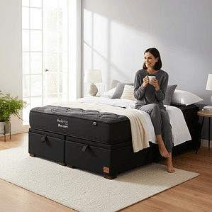 Cama Baul 2 Plazas + Colchon Black Prime - Modelo Uno / Con Patas De Madera (Negro)