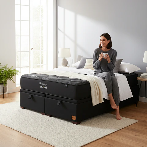 Cama Baul Super King + Colchon Black Prime - Modelo Uno / Con Patas De Madera (Negro)