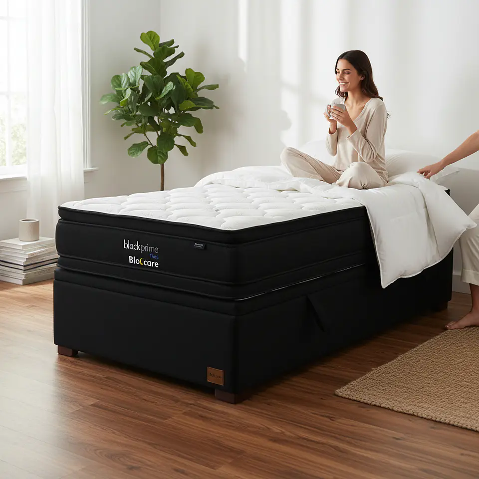 Cama Baul 1.5 Plaza + Colchon Black Prime - Modelo Dos / Con Patas De Madera (Negro) 1