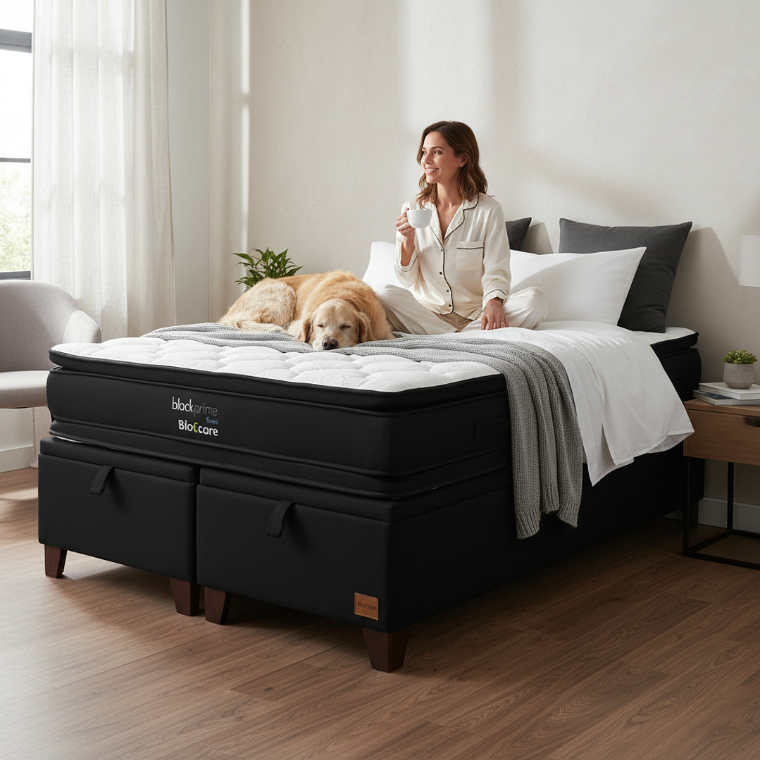 Cama Baul King + Colchon Black Prime - Modelo Dos / Con Patas De Madera (Negro) 1