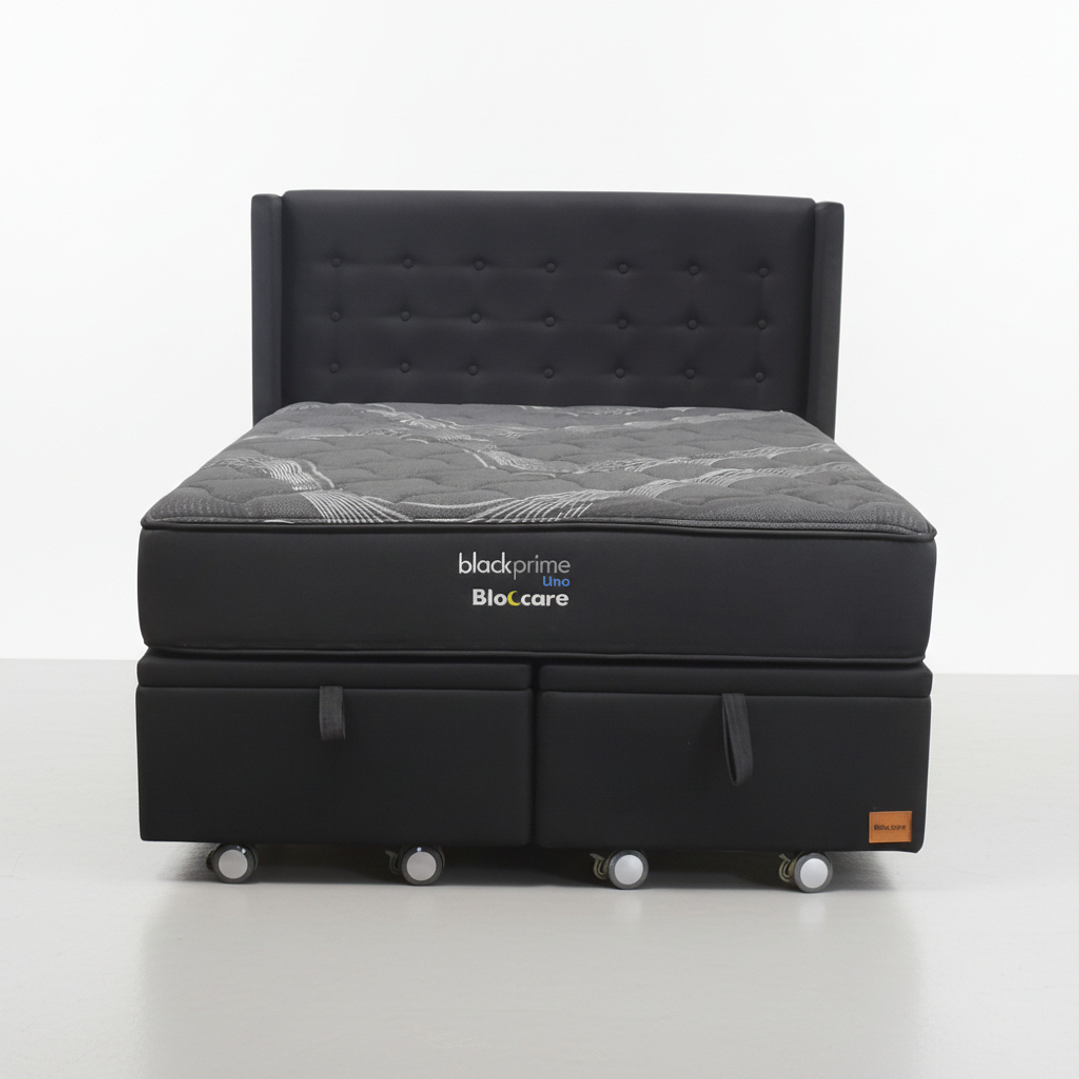Cama Baul 2 Plazas + Colchon Black Prime - Modelo Uno + Respaldo / Ruedas A Eleccion (Negro) 3