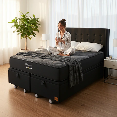 Cama Baul King + Colchon Black Prime - Modelo Uno + Respaldo / Ruedas A Eleccion (Negro)