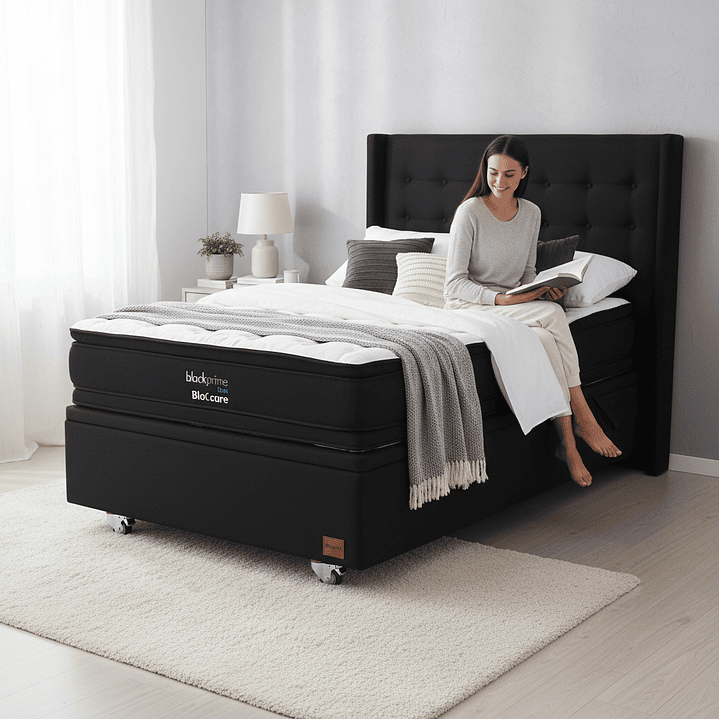 Cama Baul 1.5 Plaza + Colchon Black Prime - Modelo Dos + Respaldo / Ruedas A Eleccion (Negro) 1
