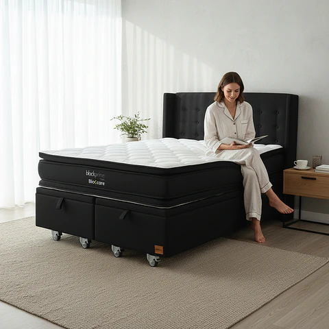Cama Baul 2 Plazas + Colchon Black Prime - Modelo Dos + Respaldo / Ruedas A Eleccion (Negro)