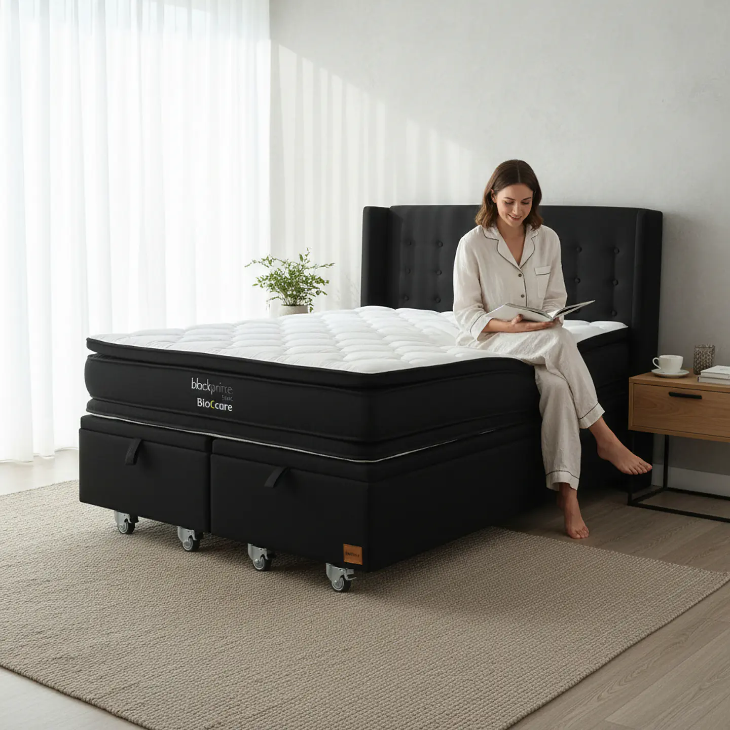 Cama Baul 2 Plazas + Colchon Black Prime - Modelo Dos + Respaldo / Ruedas A Eleccion (Negro) 1