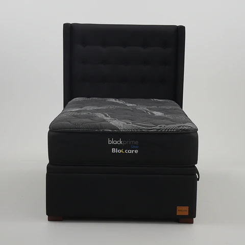 Cama Baul 1 Plaza + Colchon Black Prime - Modelo Uno + Respaldo / Con Patas De Madera (Negro)