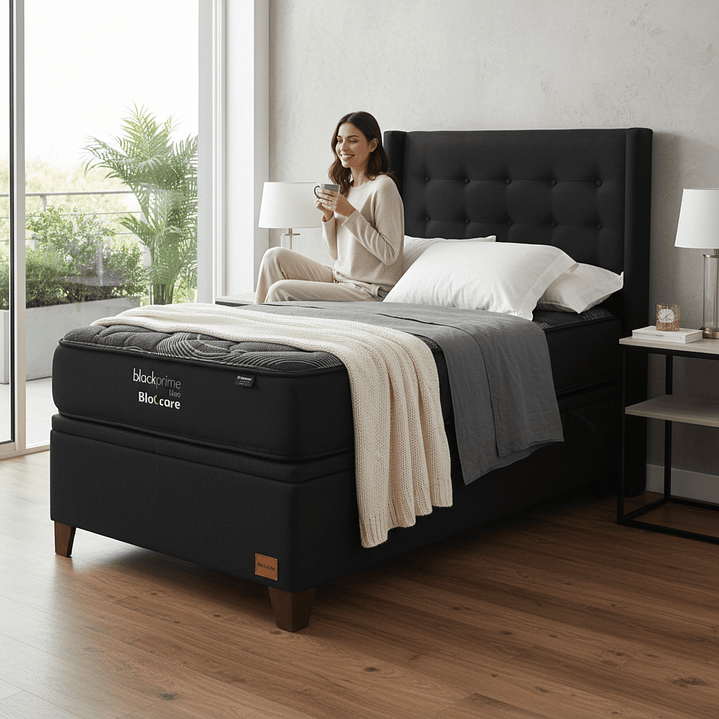 Cama Baul 1 Plaza + Colchon Black Prime - Modelo Uno + Respaldo / Con Patas De Madera (Negro) 1