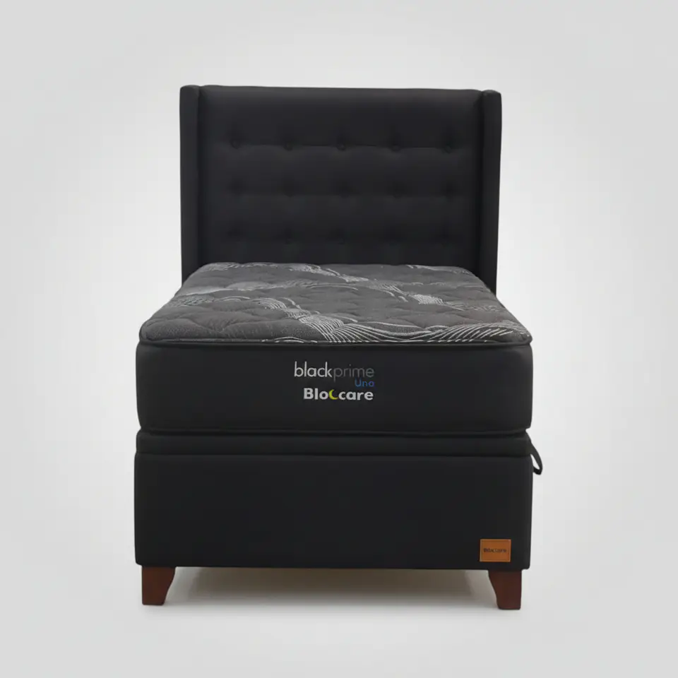 Cama Baul 1.5 Plaza + Colchon Black Prime - Modelo Uno + Respaldo / Con Patas De Madera (Negro) 5
