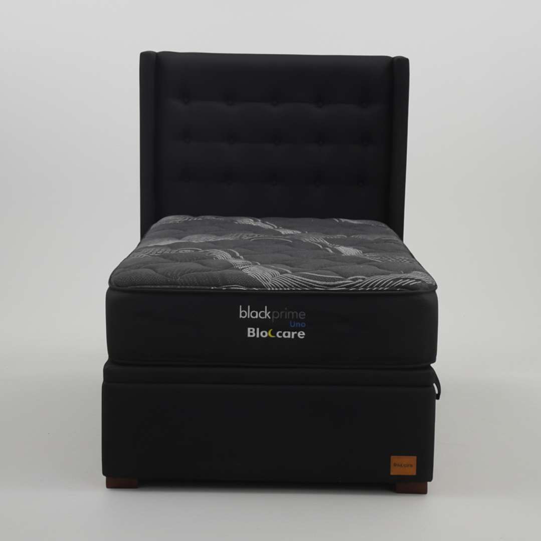 Cama Baul 1.5 Plaza + Colchon Black Prime - Modelo Uno + Respaldo / Con Patas De Madera (Negro) 3