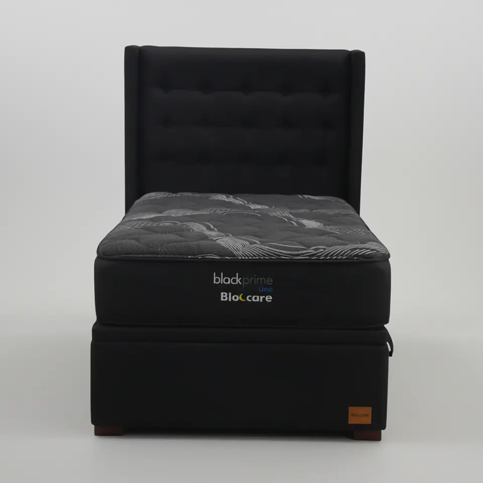 Cama Baul 1.5 Plaza + Colchon Black Prime - Modelo Uno + Respaldo / Con Patas De Madera (Negro) 3