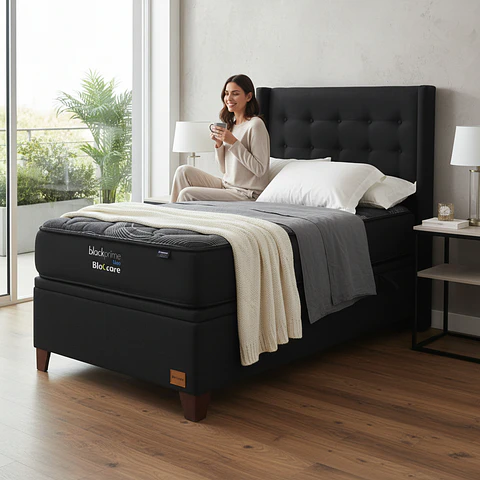 Cama Baul 1.5 Plaza + Colchon Black Prime - Modelo Uno + Respaldo / Con Patas De Madera (Negro)
