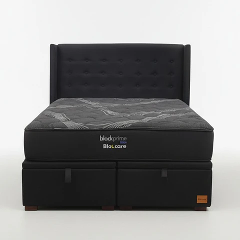 Cama Baul 2 Plaza + Colchon Black Prime - Modelo Uno + Respaldo / Con Patas De Madera (Negro)