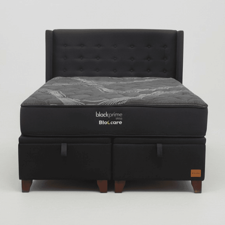 Cama Baul King + Colchon Black Prime - Modelo Uno + Respaldo / Con Patas De Madera (Negro) 5
