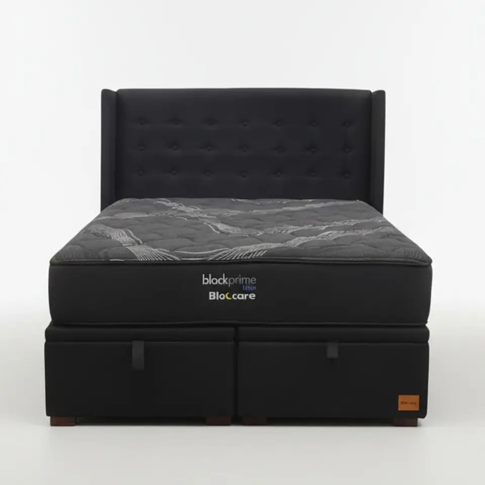 Cama Baul King + Colchon Black Prime - Modelo Uno + Respaldo / Con Patas De Madera (Negro) 3